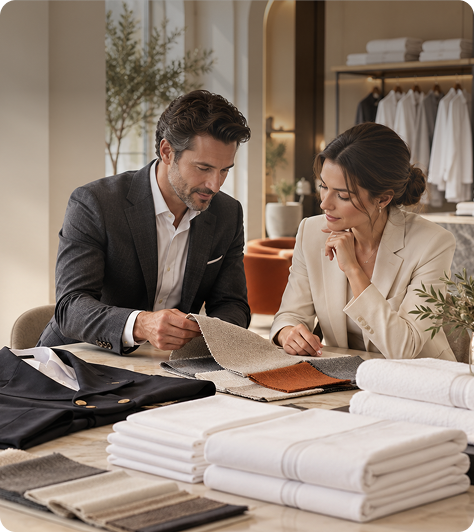 Kamblis textile partners reviewing fabric samples